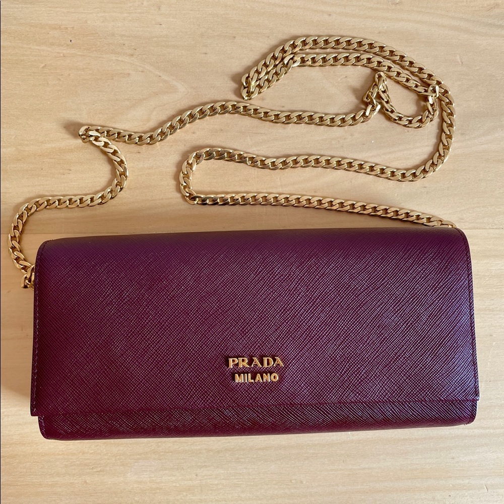 PRADA Bibliothèque Clutch Burgundy Saffiano Leather Cross Body Bag